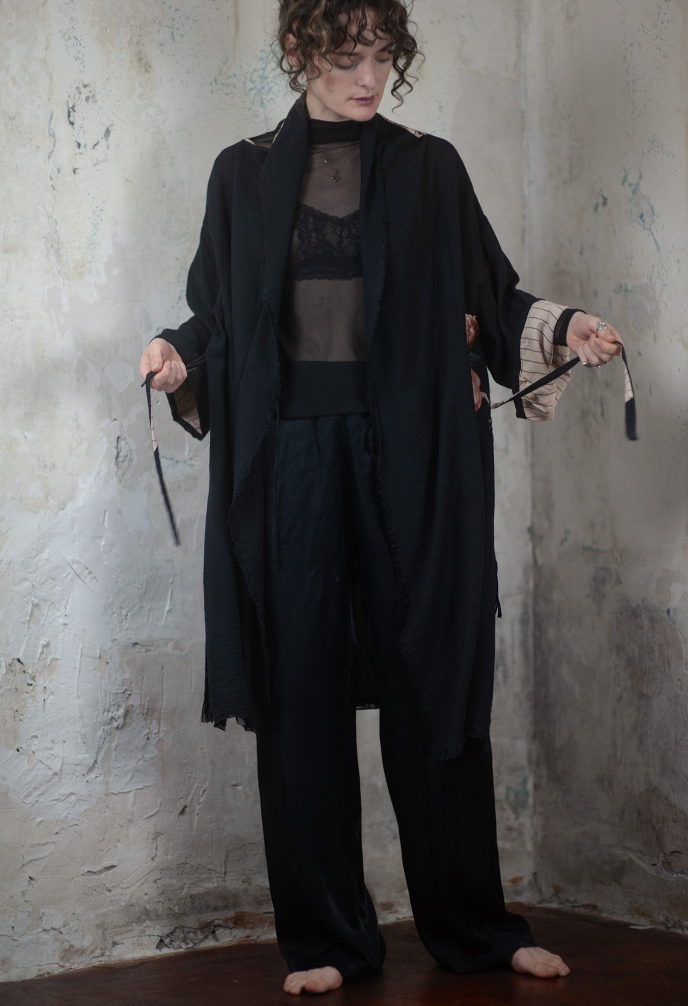 Handcrafted Kimono with Floral Appliqué - Elegant Artistry