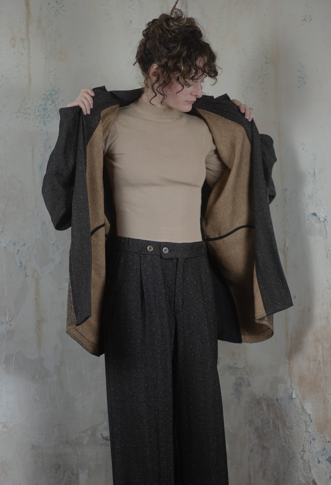 Classic Wrap Pants & Reversible Loose Coat in Double Weave Crepe