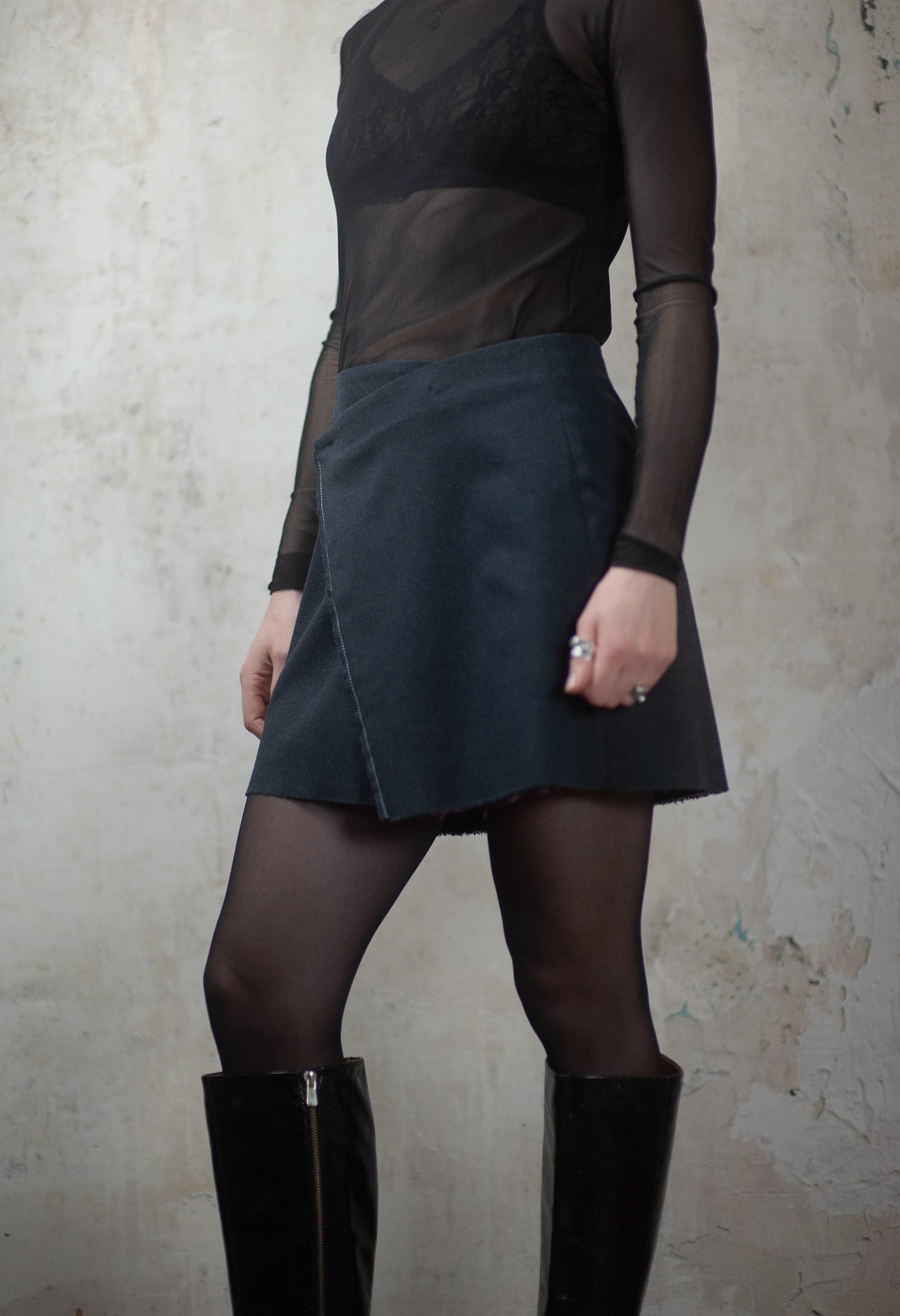 Grey Wool Wrap Skirt with Front Slit