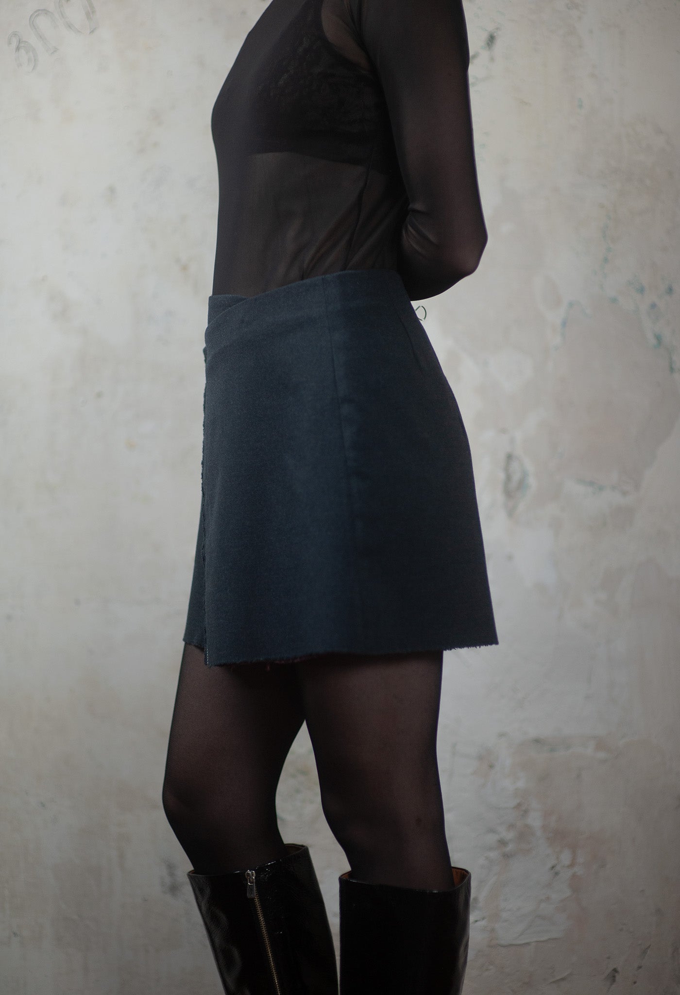 Grey Wool Wrap Skirt with Front Slit